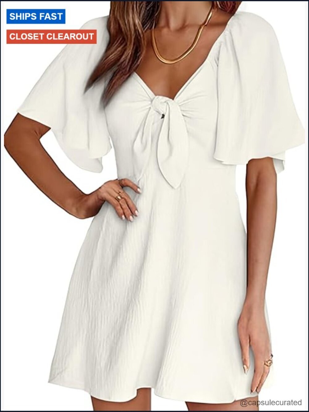Deep V Neck Bow Tie Cap Sleeve Mini Dress Ruffle Flowy A-Line